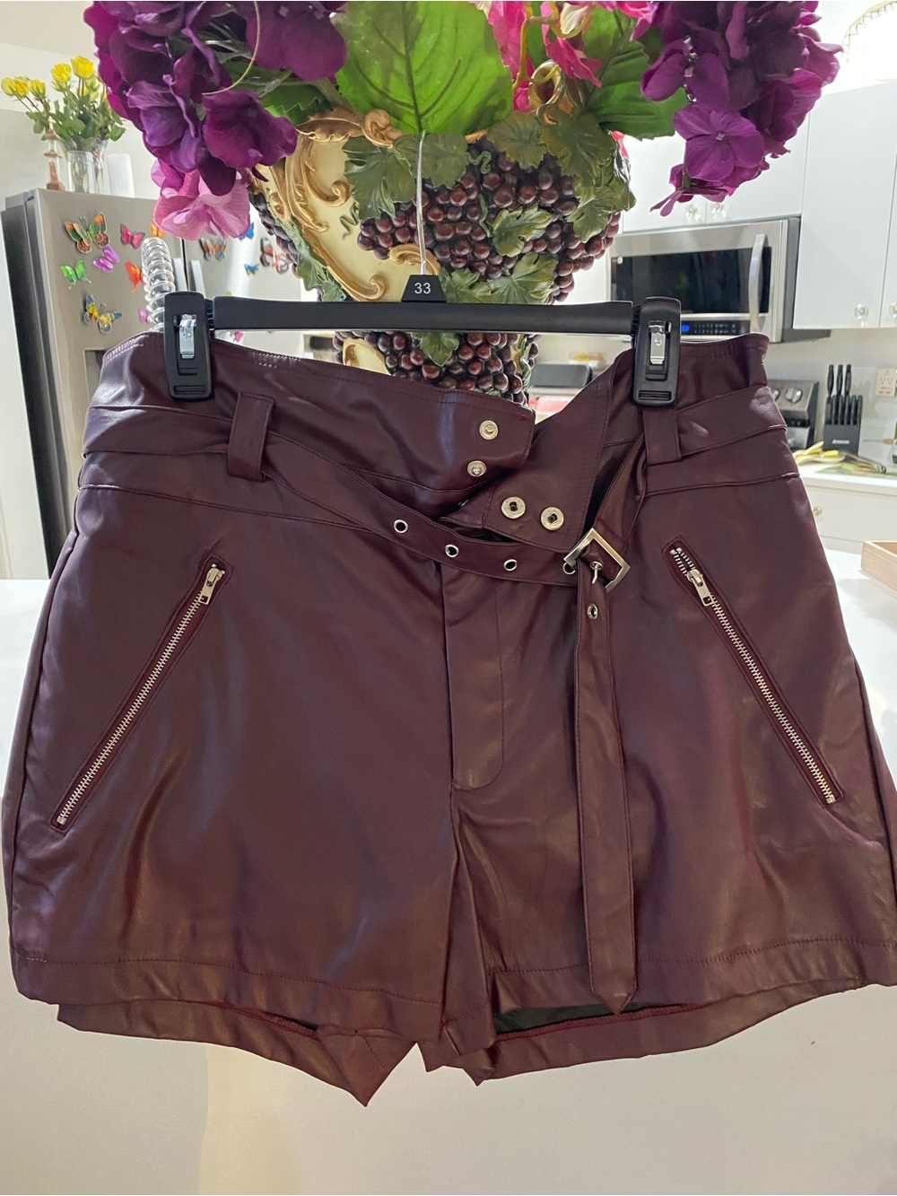like an angel Burgundy Faux Leather High-Waist Belted Shorts